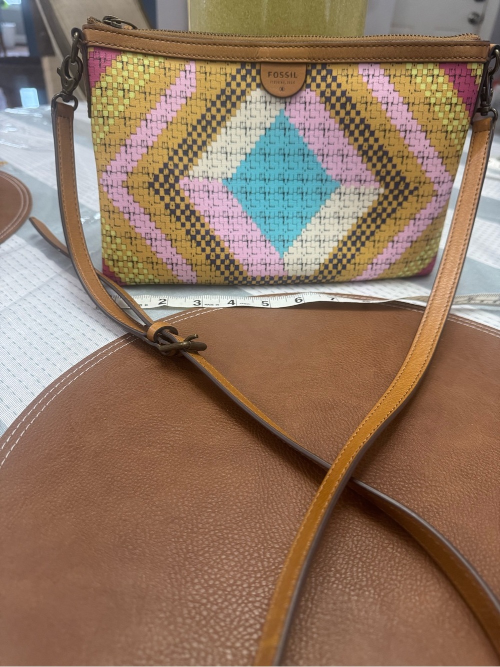 Fossil Multicolor Woven Diamond Crossbody — Turquoise, Pink & Tan